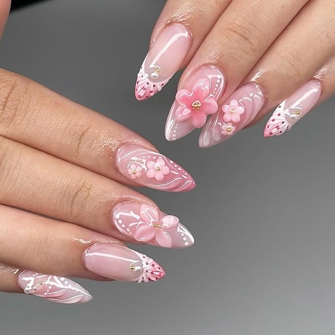 24Pcs Pink Press on Nails Almond Medium Fake Nails with 3D Flower Butterfly Design French Tip False Nails Glossy Glue on Nails Full Cover Summer Stick on Nail for Women Manicure Decor