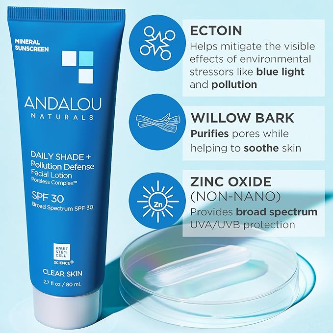 Andalou Naturals Daily Shade Face Sunscreen, SPF 30 Zinc Oxide Mineral Sunscreen, Sun + Pollution Defense Face Lotion, Helps Minimize Look of Pores, Matte Finish & Lightweight - 2.7 Fl. Oz.