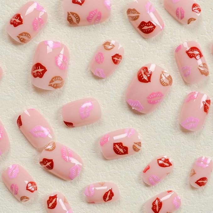 24Pcs Valentines False Nails Short Press on Nails Square Fake Nails Colourful Lip Design Acrylic Nails Nude Pink Glue on Nails Sexy Lips Artificial Stick on Nails for Women Valentines Nails Decor