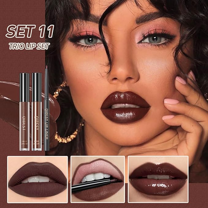 QiBest 3-in-1 Dark Red Lipstick Set for Women & Teen Girls, Matte Liquid Lipstick + Lip Gloss + Gel Lip Liner Pencil Trio Lip Gift Kit for 24 Hours Long Lasting & Waterproof Lip Makeup (Hot Chocolate)