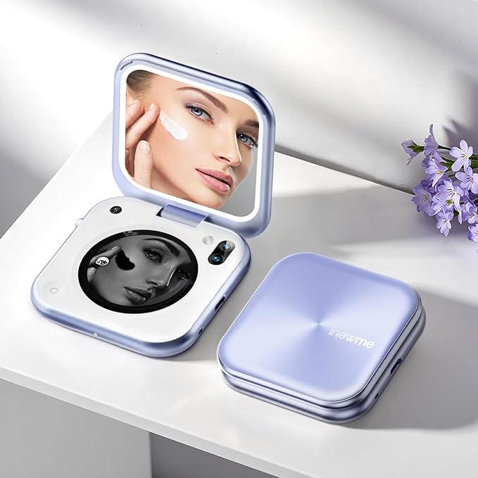 inewme UV Camera Mirror for Sunscreen Test, 3-Color LED Light with Real-Time UV & Humidity Sensor, Portable Travel Makeup Mirror, Compact Skin Care Tool