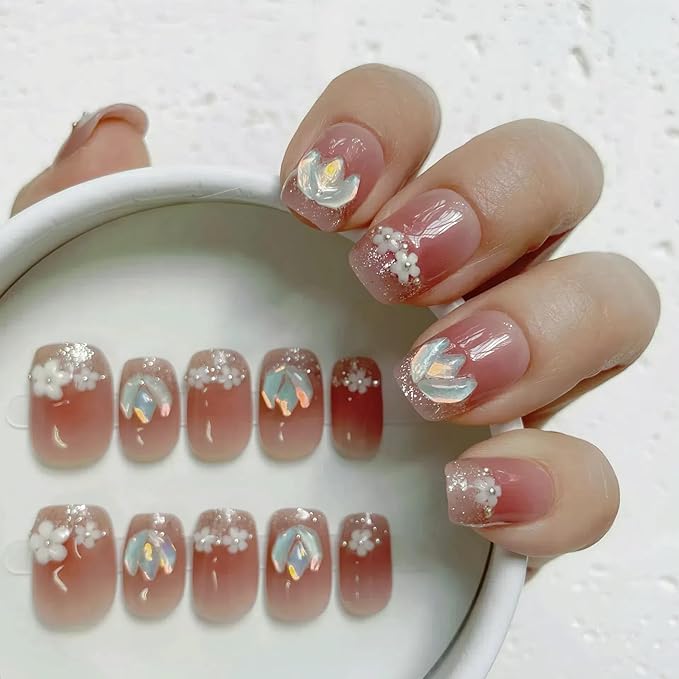 Tomato Red Short Squoval Press on Nails 30pcs with 3D Floral Design, Soft Fit Back, Durable Front Edge, Reusable Full Cover Fake Nails for Daily, Party, Wedding