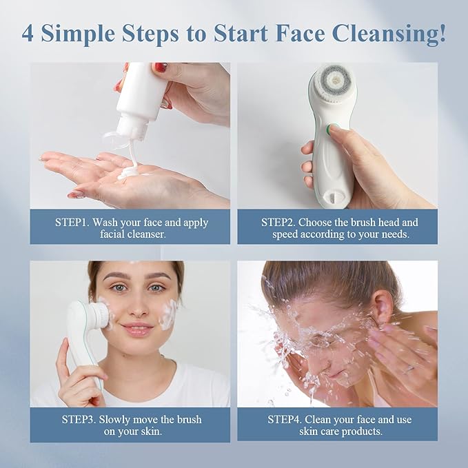 TOUCHBeauty Facial Cleansing Brush Electric, Face Cleansing Brush with Stand, 3 Brush Heads, 2 Speeds, IPX5 Waterproof, Battery-Powered, Suitable for All Skin Types, TB-0759D