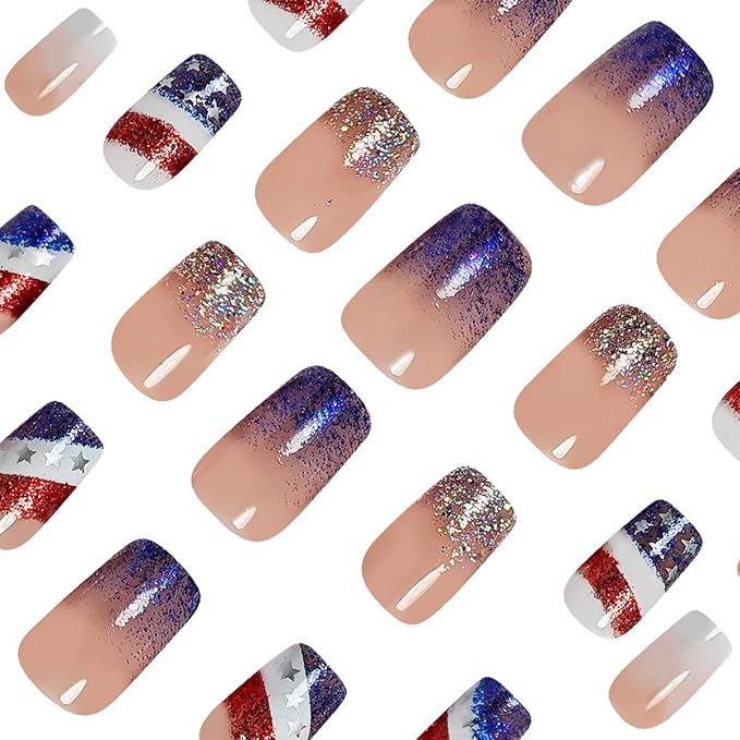 24Pcs 4th of July Press on Nails Short Square Fake Nails Silver French Tip False Nails with American Flag Design Glossy Full Cover Artificial Glue on Nails Independence Day Stick on Nails for Women