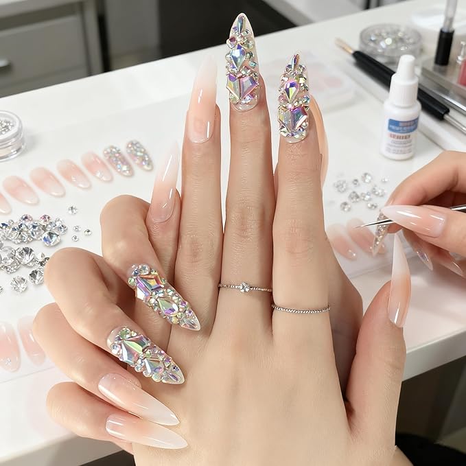 Luxury 3D Rhinestone Gradient Pink Nude Press on Nails Extra Long Stiletto False Fake Nail Tips DIY Fingernail for Wedding Party
