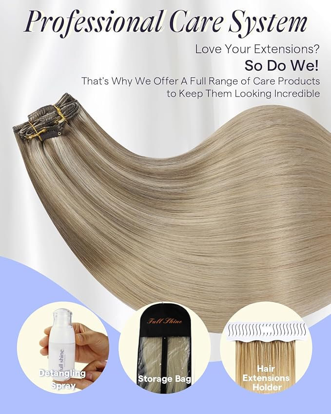 Full Shine Invisible Clip in Hair Extensions Human Hair 135 G Caramel Latte Rooted Highlight Blonde Clip in Human Hair Extensions 18 Inch 7 Pcs