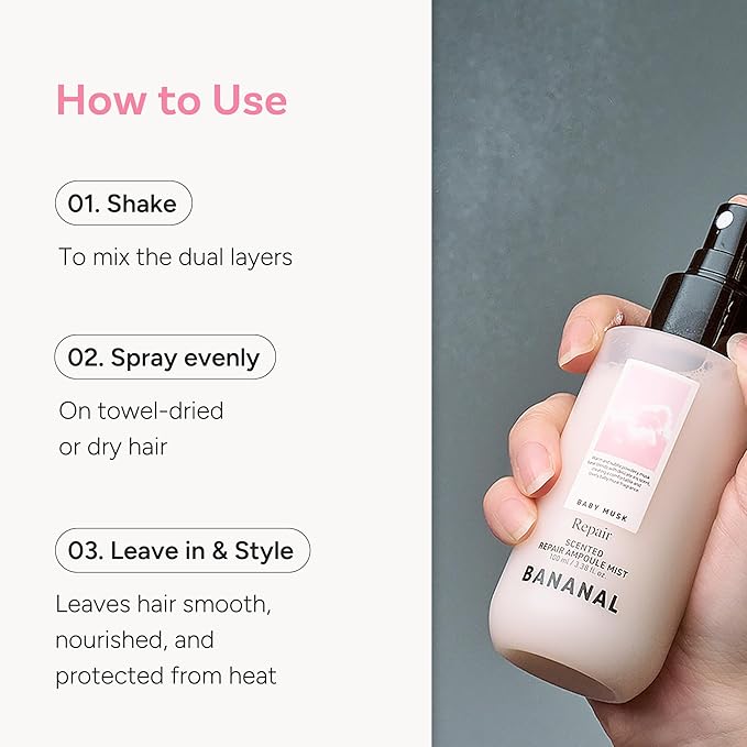 Korean Hair Serum Mist – Argan Oil & Silk Protein Ampoule for Nourishing, Frizz Control & Glass Hair Shine – Baby Musk, 100ml / 3.38 fl oz