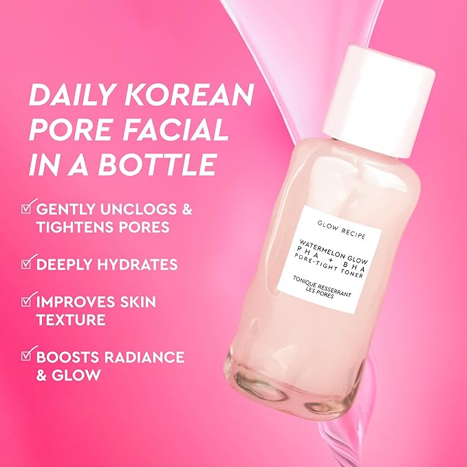 Glow Recipe PHA + BHA Face Toner - Korean Skin Care Pore Minimizer & Gentle Facial Exfoliator for Tightening, Hydrating & Exfoliating - Glycerin, Watermelon & Cactus Water (40ml)