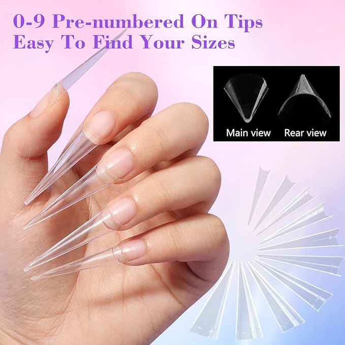 Clear Stiletto Nail Tips for Acrylic Nails, XXL Long Half Cover Stiletto False Nail Tips, Coffin Sharp Shape Acrylic Nail Tips Artificial Nails for Nail Extension DIY Nail Art Salon 500Pcs 10 Size Box