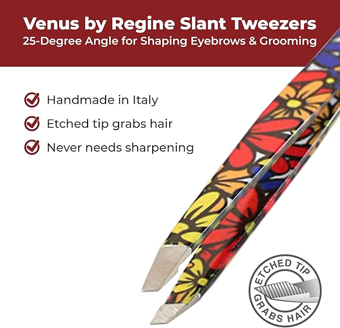 Venus by Regine Slant Tweezers - Handmade Precision Tool for Women & Men, 25-Degree Angle for Shaping Eyebrows & Grooming Facial Contours, Suitable for Eyebrow & Facial Hair Removal (Large Flowers)