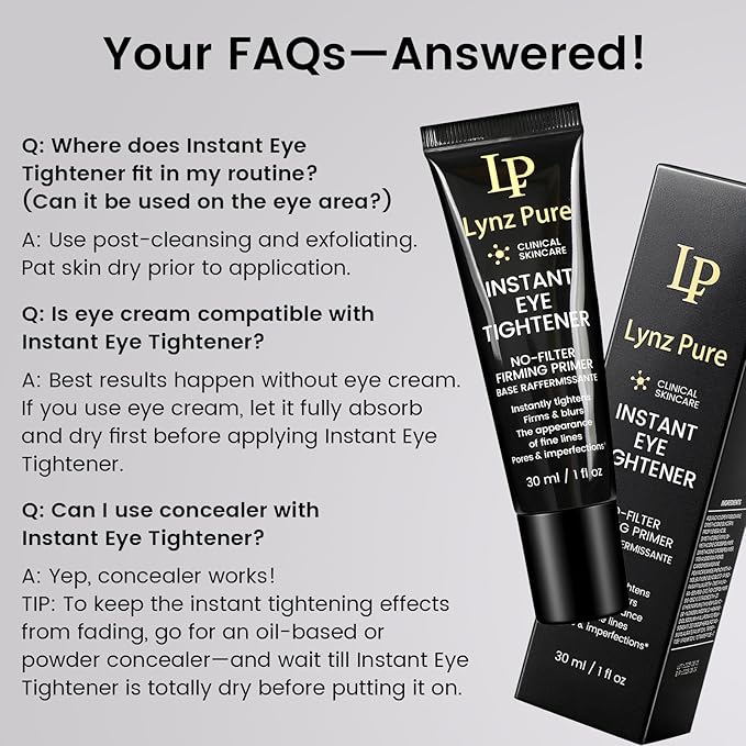 Lynz Pure Instant Eye Tightener, Temporary Firming Eye Cream & Makeup Primer, Smoothes Fine Lines & Minimizes Pores, No Filter Eye Primer 1 Fl Oz