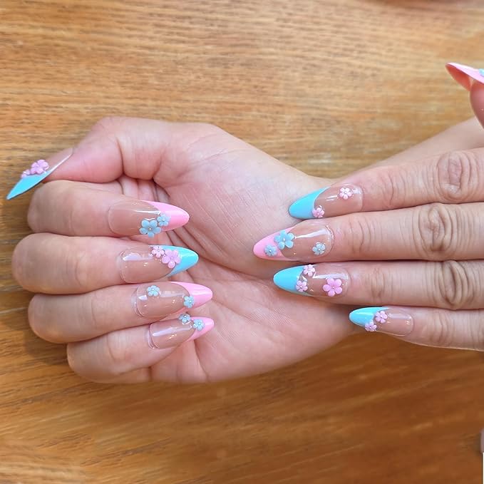 Pink Blue French Tip Press On Nails Flower Medium Almond-3D Floral Handmade Nude-Salon Gel Acrylic Full Set 10pcs Reusable(Floral Fantasy, Size S)