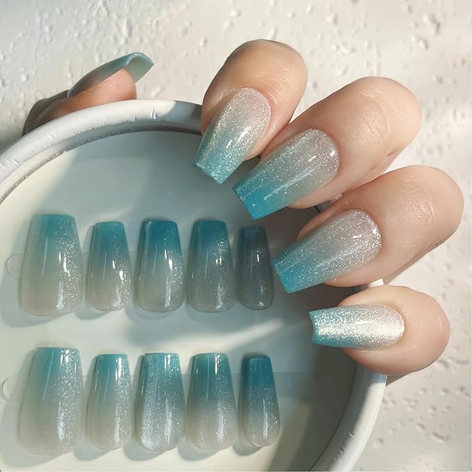 Mint Green Cat Eye Press On Nails - 30PCS Medium Coffin Nails, 9 Sizes for Smaller Nail Beds, Soft Back, Strong Tip, Universal Fit for Spring and Summer
