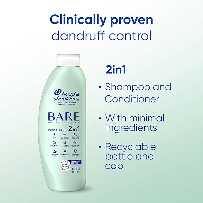 Head & Shoulders BARE 2-in-1 Dandruff Shampoo And Conditioner Twin Pack, Pure Clean, Sulfate-Free, Silicone-Free, Dye-Free, Eco-Friendly Bottles, Safe for All Hair Types, 13.5 Fl Oz Each (Set of 2)