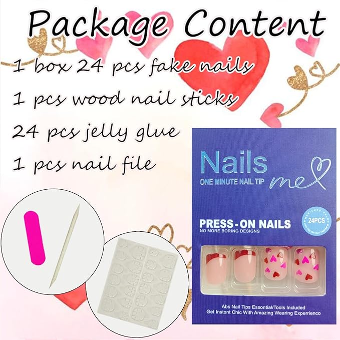24Pcs Colourful Heart Press on Nails Short Square Valentines Fake Nails Heart Full Cover Design Acrylic Nails French Tip Press ons Cute Coffin False Nails Valentines Artificial Nails for Women