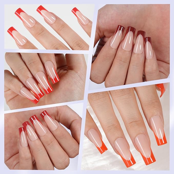 Misssix French Gel Nail Tips, 150Pcs Red French Tip Press on Nails Long Square, No Need to File Tips Pre-lasting, Fake Nails for Nail Art DIY 15 Sizes