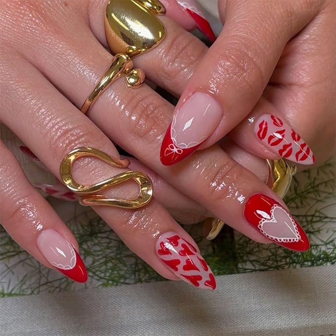 Red Press on Nails Heart Fake Nails French Tip Glue on Nail with Lip Print Design Reusable Glossy Full Cover Stick on Nail for Women Manicure 24Pcs