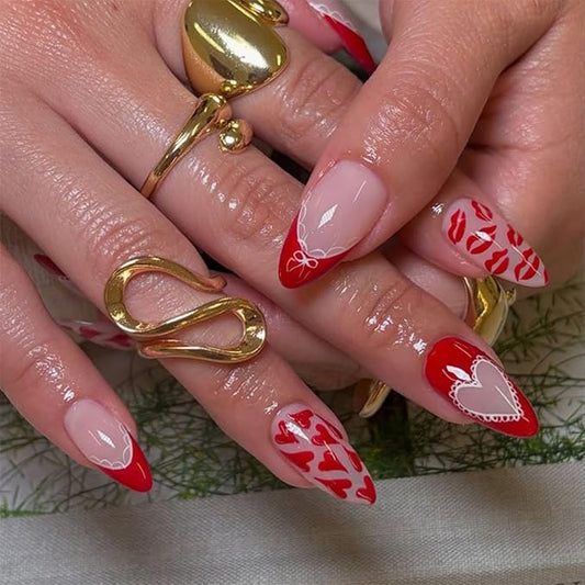 Red Press on Nails Heart Fake Nails French Tip Glue on Nail with Lip Print Design Reusable Glossy Full Cover Stick on Nail for Women Manicure 24Pcs