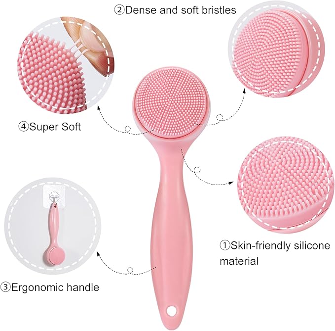 2 Pack Silicone Face Scrubber Exfoliating Brush, Manual Handheld Facial Cleansing Brush Blackhead Scrubber, Soft Bristles Waterproof for Face Skincare (Round-Pink)