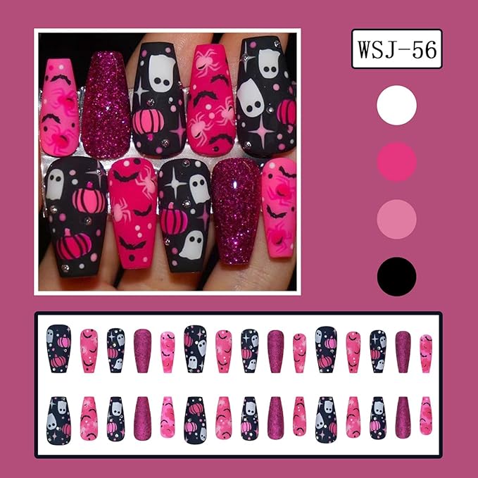 30pcs Glitter Pink Press on Nails Medium Sequins Fake Nails Cute Ghost Pumpkin Bat Print Press on with Rhinestone Designs Halloween False Nail Tips for Girls Nail Decoration