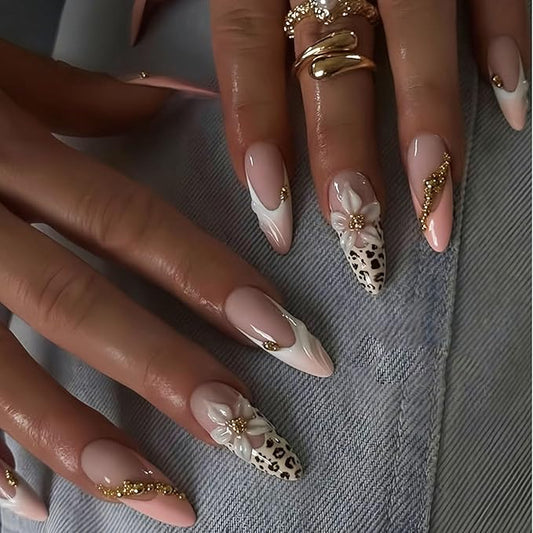 Fall Press on Nails Long Almond Fake Nails with Leopard Print Flower Designs Pink French Tip Nails Press ons Cute Acrylic Nails for Women 24Pcs