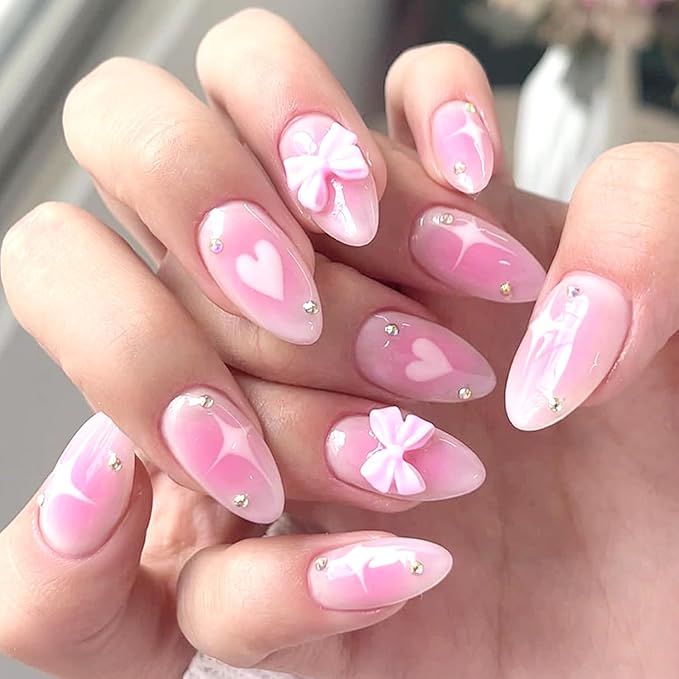 24Pcs Pink Press on Nails Medium Almond Fake Nails with Heart Star Design Pink Gradient False Nails 3D Bow Full Cover Stick on Nail Glossy Acrylic Nails Cute Artificial Nail for Women Manicure