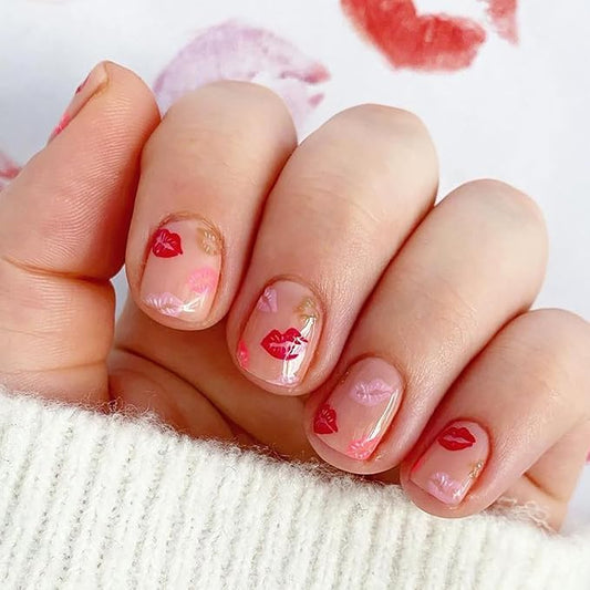 24Pcs Valentines False Nails Short Press on Nails Square Fake Nails Colourful Lip Design Acrylic Nails Nude Pink Glue on Nails Sexy Lips Artificial Stick on Nails for Women Valentines Nails Decor