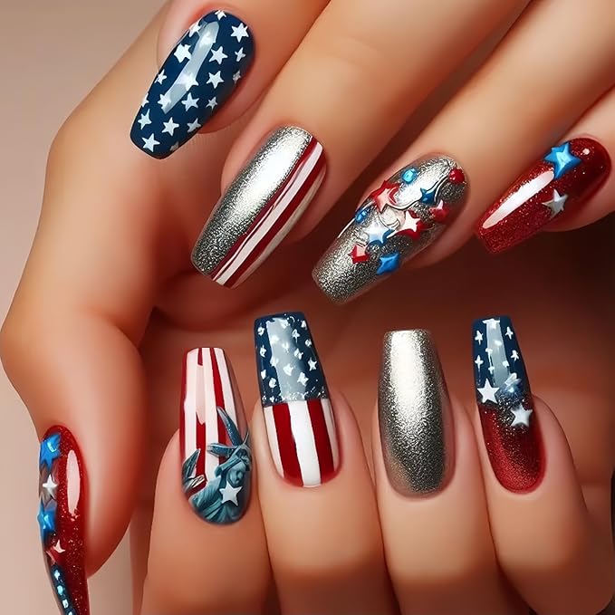 Independence Day Press on Nails Long Square Fake Nails Red Blue Star Stripe Design 4th of July False Nails Glitter Stick on Nail Gradient Glue on Nail for Women Holiday Decoration Art Nail Supplies