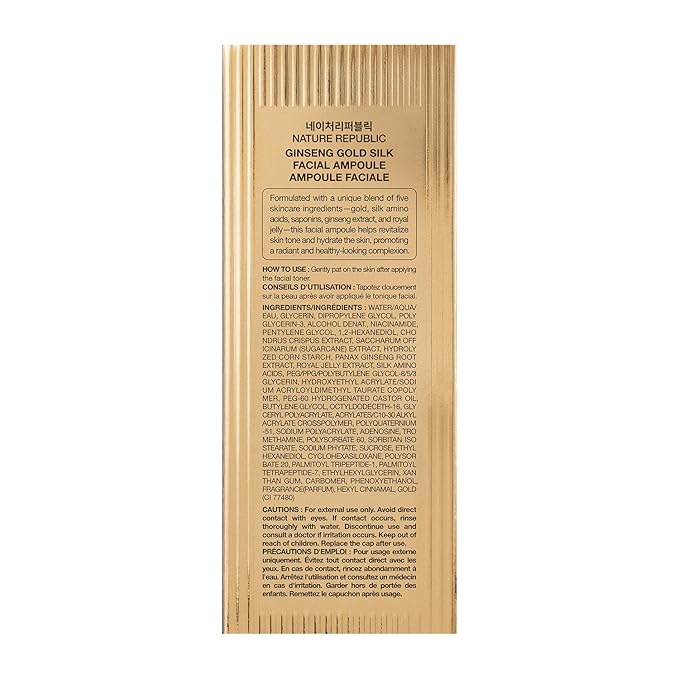 Nature Republic Ginseng Gold Silk Facial Ampoule, Hydrating moisturizer, Niacinamide & Silk Amino Acid, Royal Jelly Extract, Korean Skin Care for all skin types, Holiday Gifts 100 ml / 3.38 Fl. oz.