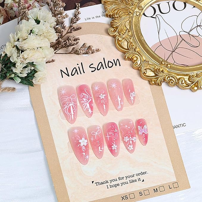 24Pcs Gradient Pink Press on Nails Medium Cute Fake Nails 3D Flower Acrylic Nails Butterfly Bow Artificial Glue on Nails Glossy Pink False Nails Water Ripple Design Almond Stick on Nails for Women