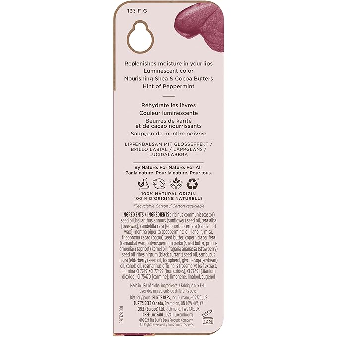 Burt's Bees Shimmer Lip Tint, Tinted Lip Balm Stick, Moisturizing for All Day Hydration with Natural Glowy Pigmented Finish & Buildable Color, Fig, 1 Tube, 0.09 oz.