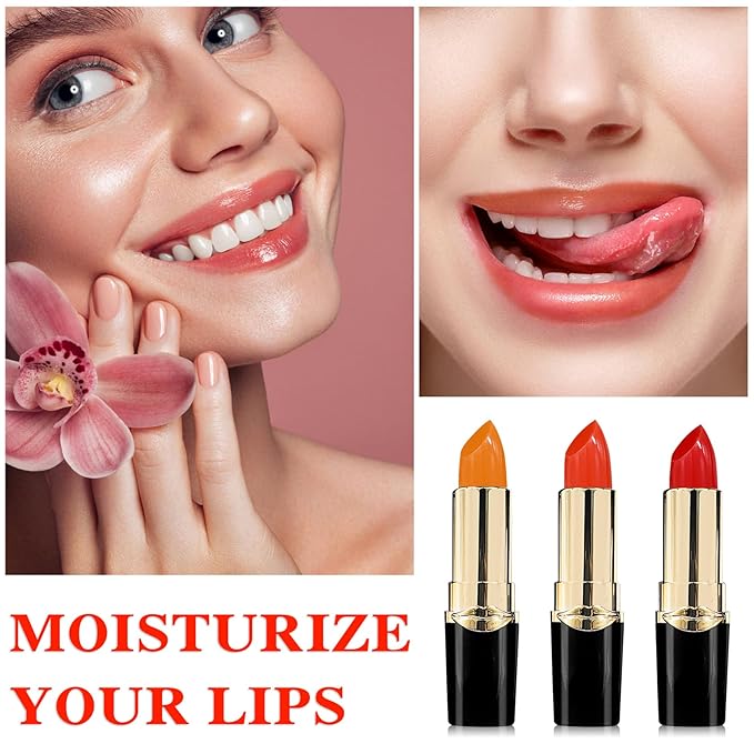 3 Pcs Temperature Color Change Lipstick,Long Lasting Nourishing Moisturizing Lipgloss,Magic Temperature Color Changing Lipstick,Lip Gloss,Waterproof Matte Lip Balm Makeup AB005