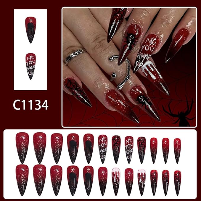 Halloween Press on Nails Long Stiletto Fake Nails Black Red Gradient Full Cover Stick on Nails Spider Web Blood Drop Designs Horror False Nails Goth Glue on Nail for Women Manicure Salon DIY