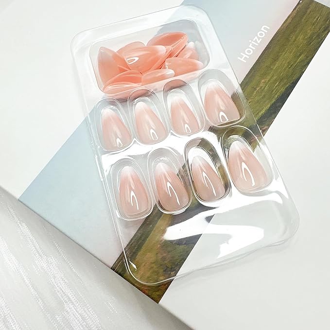 30Pcs Almond Press on Nails Short Length Pink White Gradient Fake Nails with Designs Reusable Nude False Nails Glue on Nails French Acrylic Nails Glossy Full Cover Stick on Nails for Women Nail Supply