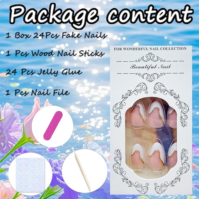 Almond Press on Nails Medium White French Tip Nails Press ons with Gold Lines Design Nude Pink Fake Nails Glossy Artificial Acrylic Nails Almond Nails Tips Full Cover Glue on Nails 24Pcs