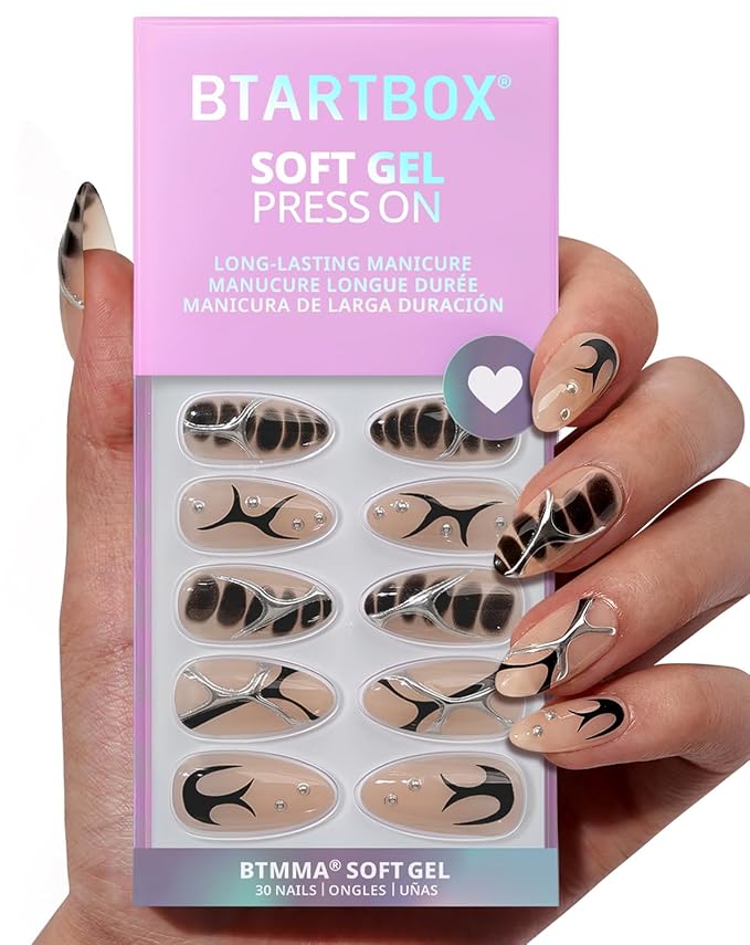 BTArtbox Press On Nails Almond - 3D Design Black Medium Press On Nails with Glue for Women, Opaque Soft Gel Glue On Nails in 15 Sizes - 30 Stick On Nails Kit, Gothic Chains