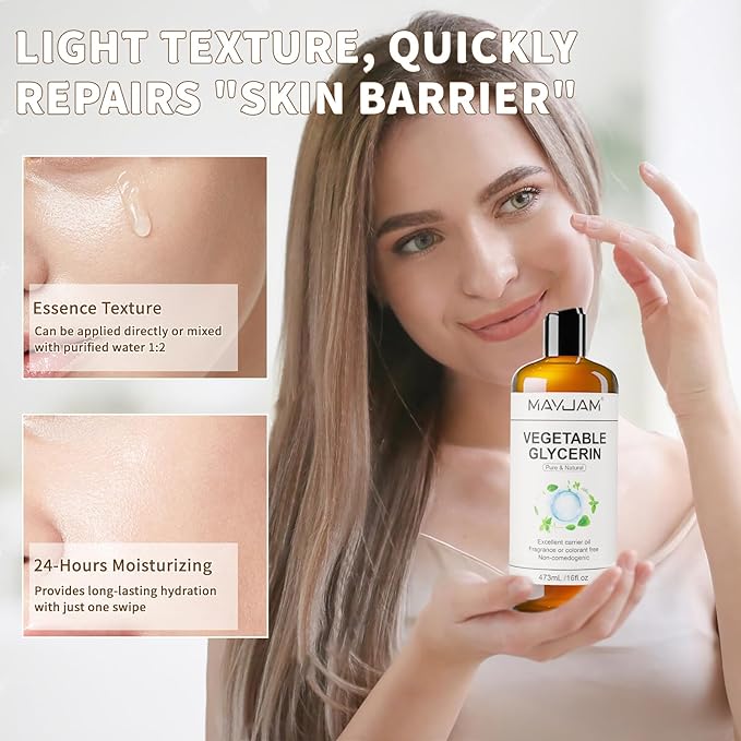 MAYJAM 100% Natural & Pure Vegetable Glycerine, 16 fl. oz. Vegetable Glycerin Liquid Body Oil for Skin, Face, Hair Care, Massage Oil for Moisturizing and Hair Benefits, Carrier Oil for Essential Oils