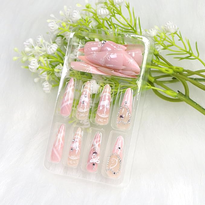 Cute Press on Nails Long Almond Fake Nails with Heart Pearl Bow Rhinestones Designs French Tip Nails Press ons Pink False Nails for Women 24Pcs