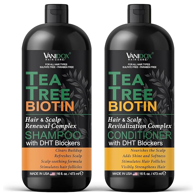 Tea Tree Oil Shampoo and Conditioner Set with Biotin, DHT Blockers, Itchy Scalp Relief, Supports Thicker-Looking Hair, Cleanses Dandruff & Buildup, For Men & Women, Made in USA, 16 fl oz Each