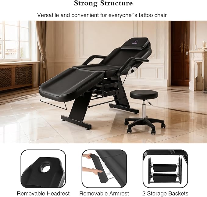 Tattoo Chair Adjustable,Facial Chair Multipurpose 73 Inch Spa Facial Bed with Massage Equipment Stool for Beauty Spa Tattoo, Black