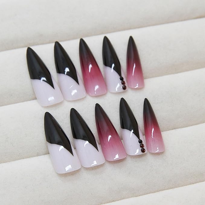 IMRAIN Press on Nails Long Stiletto Fake Nails Purple Gradient French Tips False Nails with Rhinestone Designs Glossy Gel Almond Full Cover Artificial Stick on Nails 24Pcs