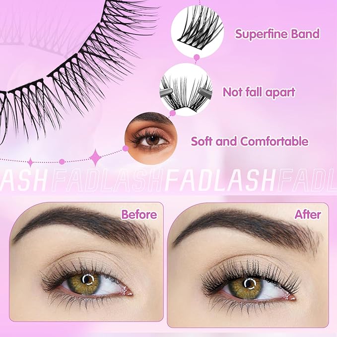 FADLASH Lash Clusters Natural Eyelash Clusters DIY D Curl 8-16mm Cluster Eyelash Extensions with Soft Thin Band Reusable Individual Lashes for Self Use (R021, 8-16mm)