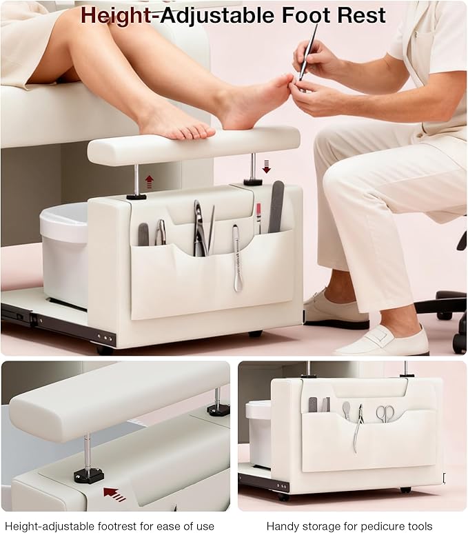 VARONXE Electric Reclining Pedicure Chair No Plumbing for Foot Spa, Profesional Pedicure Stand with Tool Pouch for Nail Teach, Ergonomic Pedi Sofa with Sliding Tray for Small Spaces, Off-White