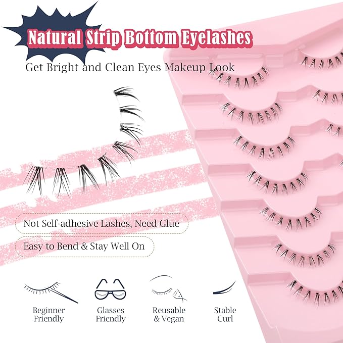 Lashes Natural Bottom Lashes 9mm Lower Strip Lashes Extention False Eyelashes Natural Look Wispy Bottom Eyelashes Fake Lashes Pack 7 Pairs