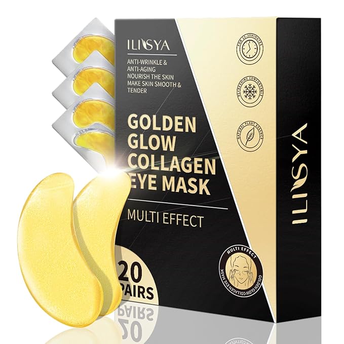 ROUSE Under Eye Patches (20 Pairs), 24K Gold Collagen Anti-Wrinkle Eye Mask Golden Anti-Aging Smooth Eye Pads for Dark Circles Puffy Eyes Moisturizing Nourishing