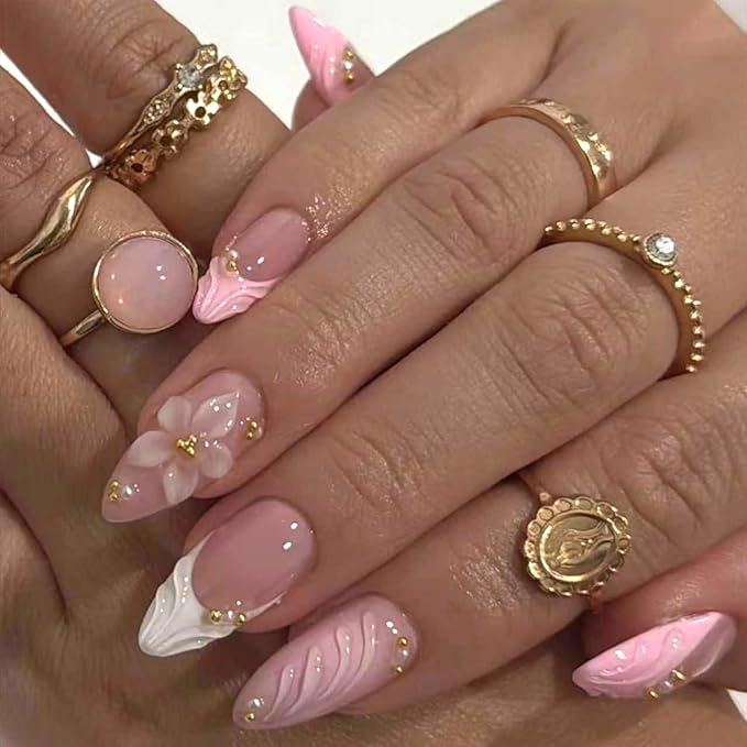 Pink French Tip Press on Nails Medium Almond Fake Nails with 3D Flower Designs Glossy Acrylic False Nails Golden Bead Artificial Glue on Nail Reusable Full Cover Stick on Nail for Women 24Pcs