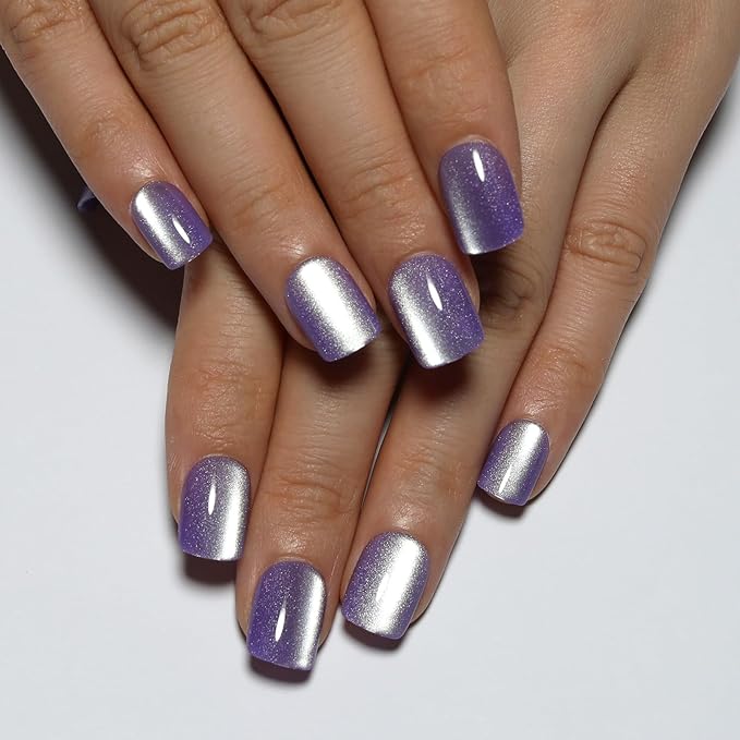 Purple Press On Nails Short - Lavender Color, Cat Eye Press On Nails Square Fake Nail with Color-Shifting Glow, Reusable Stick On Nails, 15 Sizes - 30Pcs, Glue On Nails for Women, Amethyst Drift