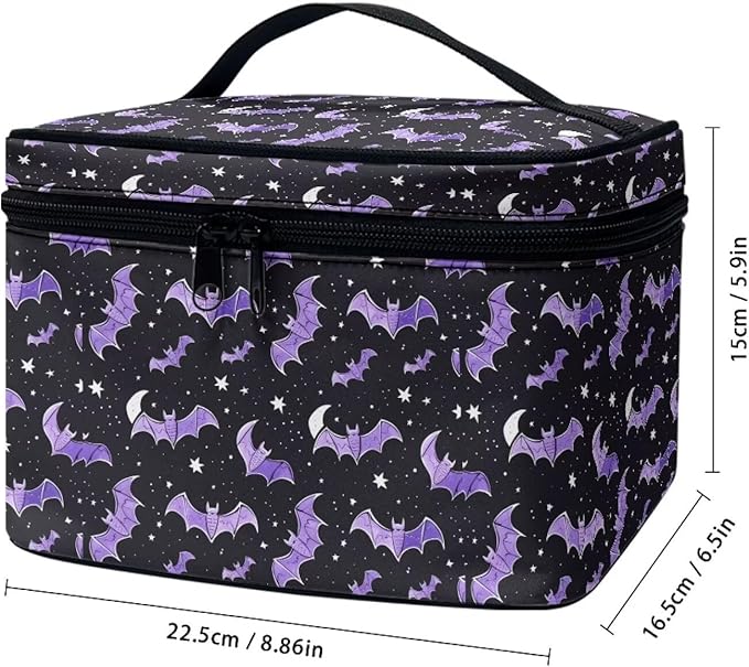 Bat Stars Pattern Travel Makeup Bags for Women Portable Tote Cosmetic Case with Carry Handle Toiletry Accessories Storage Organizer Bags for Halloween