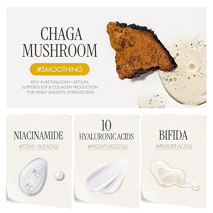 Chaga Mushroom Biome Smoothing Ampoule | Skin-Nourishing Face Serum for Glowing Skin |Skin-Repairing Korean Serum for Smoother Skin Texture| Strengthening Night Repair Serum (1.69 Fl Oz)