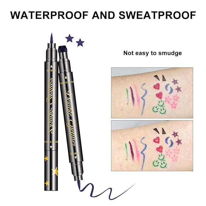 6 PCS Double-Head Liquid Stamp Eyeliner, Colored 6 in 1 Stars Flowers Hearts Moon Smiley Face Triangle Stamps Makeup Stamp Set, Waterproof Slim Gel Felt Tip Liquid Eyeliner, Halloween Makeup